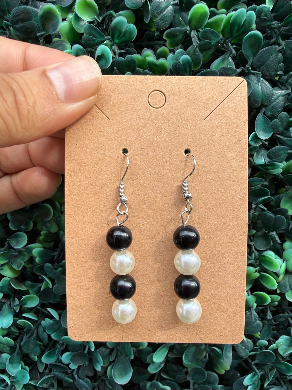 Hand Crafted Black and Pearl Beaded Drop Earrings